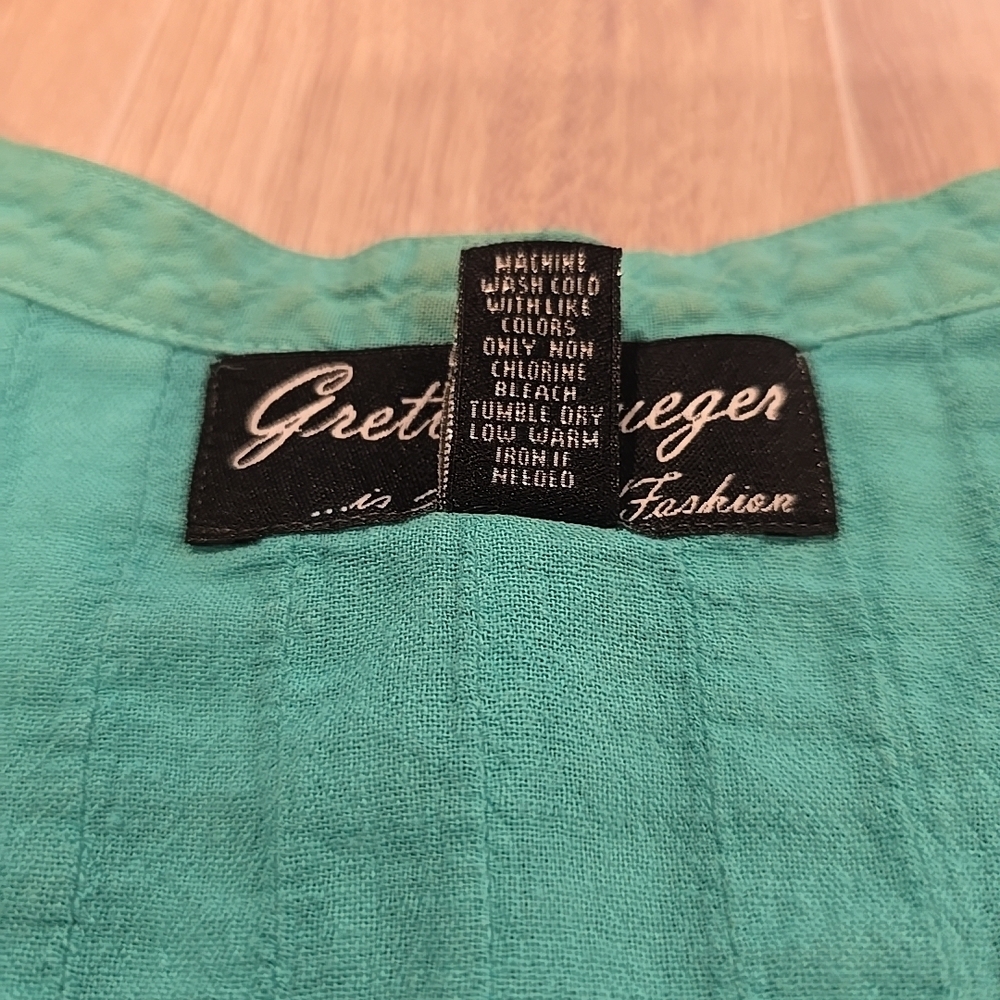 GRETTY ZUEGER Tunic Top Boho Embroidered Peasant Crochet Lace Vneck Turquoise XL - Picture 7 of 9